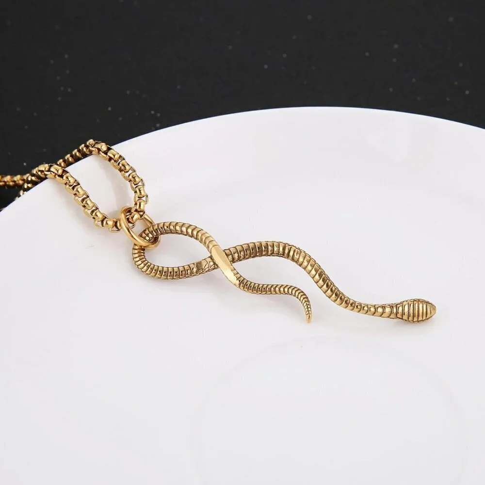 Gothic Men's 02-Gold Stainless Steel Animal Snake Pendant Chain Necklace
